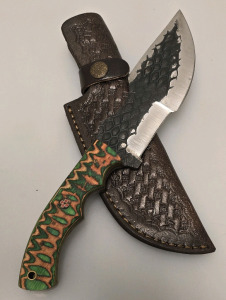 Hand Made Damascus Steel Tracker Hunting Knife By Hunting Hawk Inc With Leather Sheath- Brand New