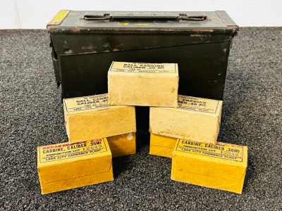 Metal Ammo Box With (350) Rnds Of Ball Carbine Caliber .30 MI Ammunition