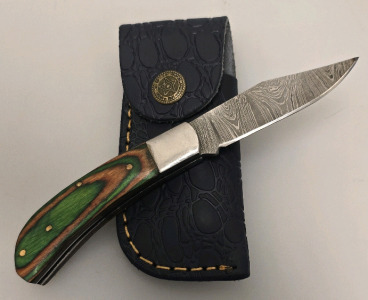 Hand Made Damascus Folding Pocket Knife By Hunting Hawk Inc With Leather Sheath- Brand New