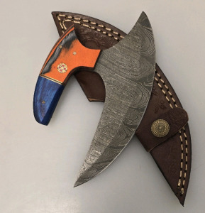Hand Made Damascus Ulu Style Knife By Hunting Hawk Inc W/ Leather Sheath