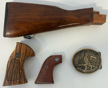 (2) Pistol Handles, Rifle Butt & Vintage Solid Brass National Rifle Association Buckle
