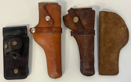 4 Leather Holsters &mdash; Hunter 1100R 24 Right Hand Holster, H.H. Heiser Maker 916 Right Hand Holster, US J.O.M.D 1050 E.N.S Right Hand Holster & Left Hand Leather Holster
