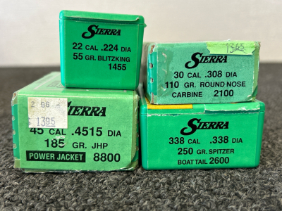 Sierra 22 Cal 55 Gr, 30 Cal 110 Gr, 45 Cal 185 Gr, 338 Cal 250 Gr. (Approx. 300+ Count)