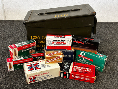 Metal Ammo Box With Mixed Ammo: 9mm Luger, .32 Auto, 380 Auto Pistol, 22 Rimfire, 357 Mag, and 30-30
