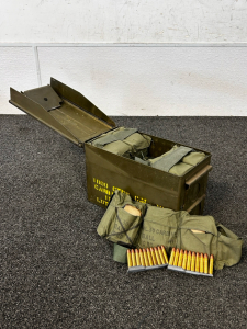 Metal Ammo Box Full Of Cal. 30 Ball M1 in Bandoleers