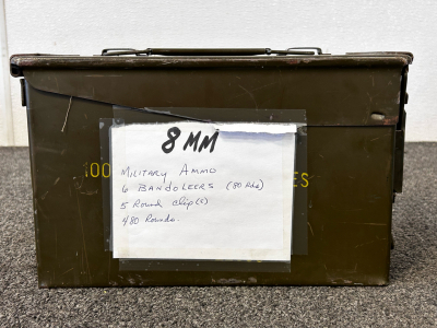 Metal Ammo Box With (480) Rnds Of 8mm Military Ammo (6 Bandoleers Total)