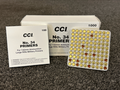 Box Of CCI No. 34 Primers For 7.62mm Ammunition Large Rifle Military Primers (1000 Count)