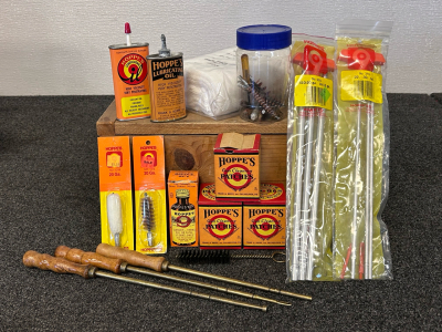 Wooden Crate With Gun Cleaning Supplies Includes: Patches, Rods, And Lubricating Oils