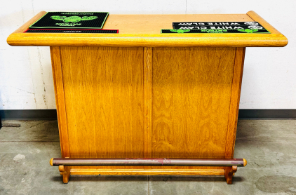 Classic Solid Wood Home Bar Set With Oak Finish, Foot Rail, And Drink Mats, Perfect For Game Rooms, Basements, Garages or Man Caves. 60"x 24"x 42".