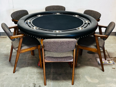 Deluxe Round Poker Table Set With Padded Arm Rest and Stainless Cup Holders and (6) Mid Century Modern Style Armchairs, Premium Quality Casino Style and In Excellent Condition.