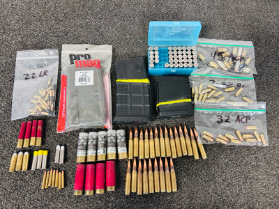 (3) Magazines and Mixed Ammo: 32 ACP, 22 LR, 45 ACP, 7.65 Br, 12 Ga. 410 Ga, 358 Mag, and More