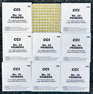 (900) Count CCI No. 34 Primers For 7.62mm Ammunition (Large Rifle Military Primers)