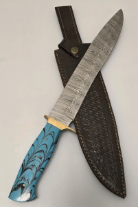 Hand Made Damascus Bowie Knife By Hunting Hawk Inc With Leather Sheath