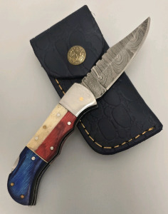 Hand Made Damascus Folding Pocket Knife By Hunting Hawk Inc With Leather Sheath- Brand New
