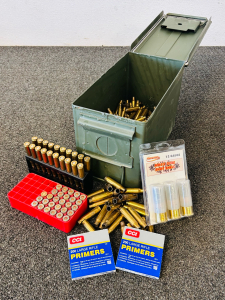 Metal Ammo Can With Mixed 308 Win Brass Casings, CCI 200 Large Rifle Primers, (3) 12 Ga. M855 Core Shot Shells, (20) Rnds Of Remington 30-06, and More