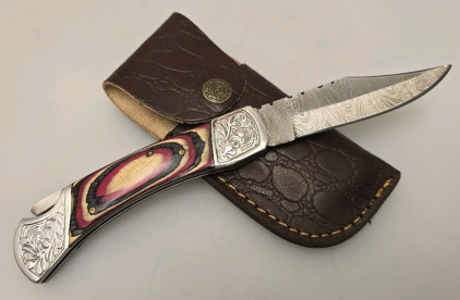 Hand Made Damascus Folding Pocket Knife By Hunting Hawk Inc With Leather Sheath- Brand New