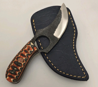 Hand Made Carbon Steel Skinning Knife With Finger Hole Grip By Hunting Hawk Inc W/ Leather Sheath