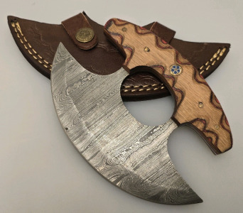 Hand Made Damascus Alaskan Ulu Style Knife By Hunting Hawk Inc W/ Leather Sheath