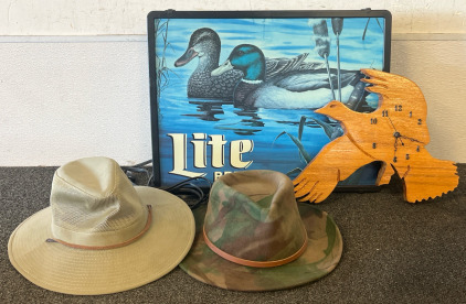 Vintage Miller Lite Beer Lighted Sign With Mallards, Wooden Duck Clock & Fishing / Hunting Hats