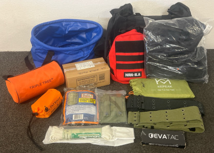 Outdoor Survival Gear &mdash; 6 Pack Triple Tree Flare Lights, Duffel & Outdoor Bag, First Aid Bag, Trapper Hat, Straps, Stove Fuel & More