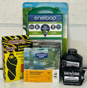 Emergency Survival Goods &mdash; Eneloop Rechargeable Battery Kit, Casualty Blanket, Survival Shot Rations, Ready Hour 2,400 Calorie Rations, Freeze Dried Meal & Metal Canteen Cups