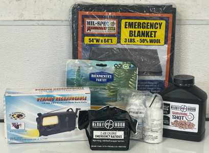 Emergency Survival Goods &mdash; Ready Hour Survival Shot Supplements, Ready Hour 2,400 Calorie Emergency Rations, Freeze Dried Meal, Potassium Iodide, Rechargable World Radio & Emergency Wool Blanket