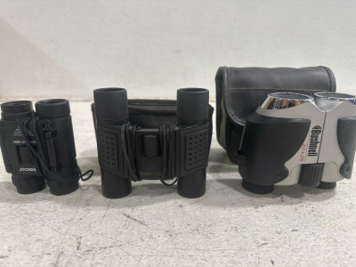 (1) Bushnell Explorer Binoculars, (1) Tasco Essential Mini Binoculars, and (1) Simmons Model 1163 Binoculars