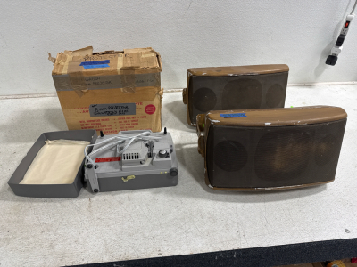 8 mm projector, (2) vintage stereo speakers