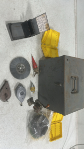 (1) US Navy WWII Signal Light Type A Box with various grinding wheels, plumbs, chalk lines and a more!