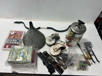 Water softener, stingless bow, door knobs, cabinet knobs assorted tools,