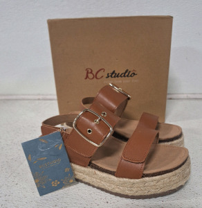 (1) Pair Of BCstudio Women's Comfort Adjustable Open Toe Ankle Strap Espadrilles Platform Cork Wedge Leather Sandals W/ Arch Support Orthotic Footbed, Size 7