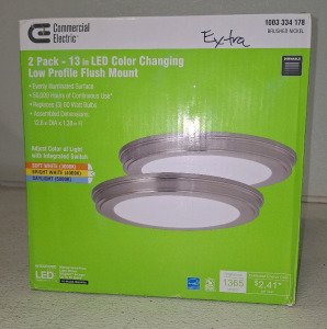 (1) 2-Pack Of Commercial Electric 13 in. 20-Watt Brushed Nickel Color Changing LED Ceiling Flush Mount Lights W/ White Acrylic Lens
