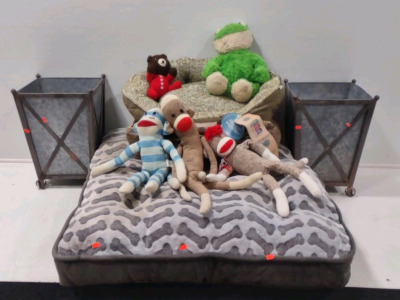 (3) Assorted Sized Dog Beds, (5) Dog Stuffed Animal Chew Toys, & (2) 12&frac12;"x 12&frac12;"x 17" Matching Metal Storage Bins