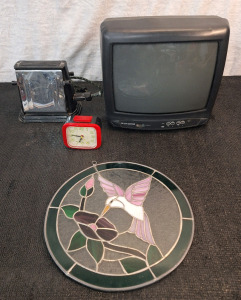 (1) Hanging Stained Glass Hummingbird, 13" Diameter, (1) Antique Toaster, (1) Vintage Battery Operated Alarm Clock & (1) Philips 14" Color - Tube TV