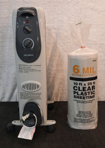 (1) Pelonis Oil Filled Radiant Heater & (1) Roll Of 10 x 25 Foot 6Mil Plastic Sheeting