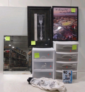 (3) Stackable Storage Bins, (1) 4-Drawer Storage Bin, (2) Assorted Sized Paintings, & More!!
