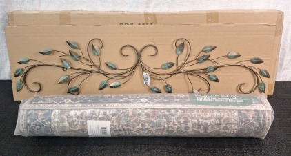 (1) Metal Leaf Wall Art, 40"L x 10"H & (1) Runner Rug, 2'6" x 8'