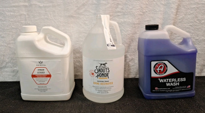 (1) Gallon Of Trinova Fabric Stain Guard, (1) Gallon Of Skouts Honor Professional Strength Urine Destroyer & (1) Gallon Of Adam's Polishes - Waterless Wash