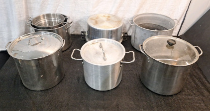 (6) Assorted Large Canning / Stock Pots W/ (3) Lids & (1) Steamer Basket