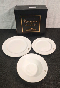 (1) 3-Piece Monogramed Ceramic Dinnerware Set & (1) Box Of Assorted Amazon Overstock