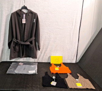 (1) Savage X Fenty Women's Short Robe, Forged Iron, Size M/ L & (1) 3-Pack Of LemonSky Women's Ribbed Sports V-Neck Tank Tops, (1) Black, (1) Brown, (1) Orange, All Size L