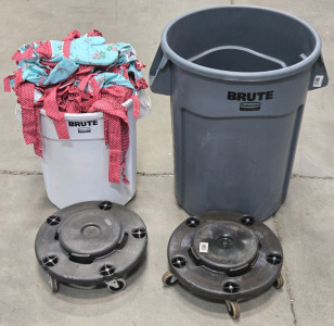 Large Grey Rubbermaid Brute Trash Can - 44 Gallon , White Rubbermaid Brute Trash Can - 20 Gallon (Filled w/ Hand-Crafted Oven Mits & Aprons) , (2) Uline Trash Can Roller Bases