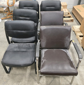 (4) Black Faux Leather Padded Metal Frame Chairs - 34"H x 23"W x 20"D & (2) Brown Leather Folding Seat Padded Metal Frame Chairs - 31"H x 24&frac12;"W x 24"D