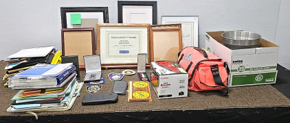 (13) Assorted size Picture Frames,Box Full Office Supplies, Box of Mason Jars,First Aid Kit ,And More