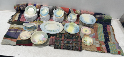 (1) Handmade Quilt . (1) Handmade Woven Fabric Table Mat , (3) Partial China Ware Made in Austria & Germany