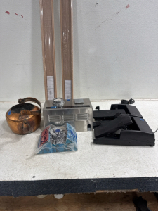 Assorted lot, wall shelves, accordian foot pedals, hand dryer, brass tea pot, decorative lamp w/o shade.