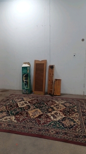 Living Room Rug. Canopy. Wooden Shelves & Door.