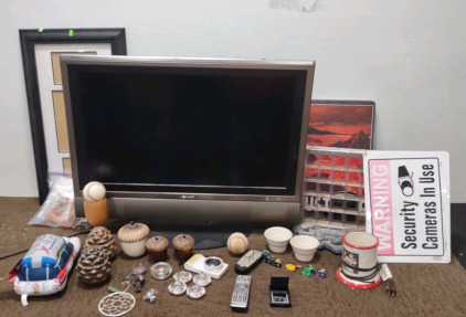 32" Sharp TV, (10) Assorted Signs, & Assorted House Decor