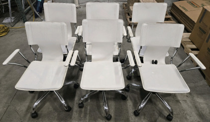 (6) White Faux Leather Padded Adjustable Height Swivel Rolling Chairs - 33&frac12;" Minimum Height