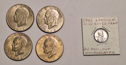 (4) Eisenhower Dollars, 1971, 1972, 1974, 1976 & (1) 1943 BU Lincoln Head Steel Penny
